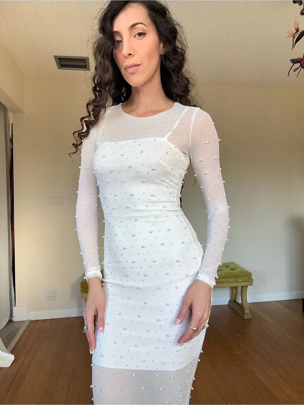 Pearl Embellished Long Sleeve Midi Dress in White Like New